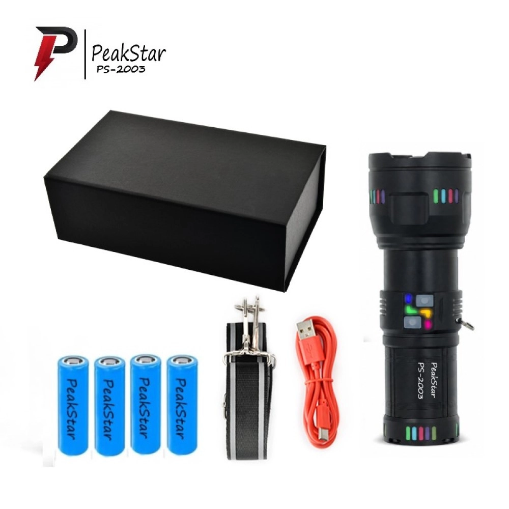 PeakStar PS-2003 Ultra Parlak Su Geçirmez Zoomlu Güçlü 200w 30000 Lümen Şarjlı Bekçi Avcı Kamp El Feneri
