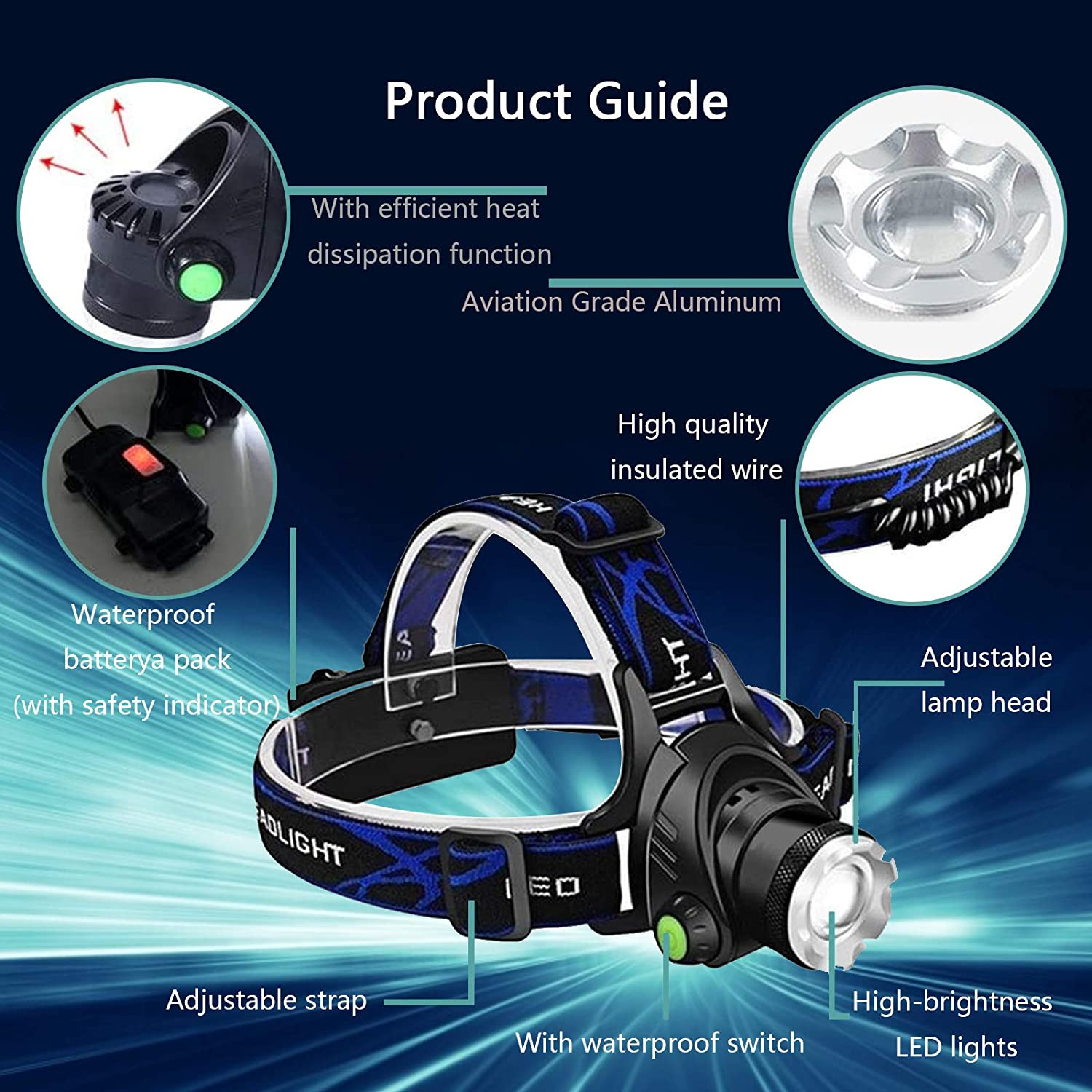 PeakStar PS-XQ-19 T6 Orjinal 800 Lümen Profesyonel T6 Şarjlı Zoomlu Kafa Feneri