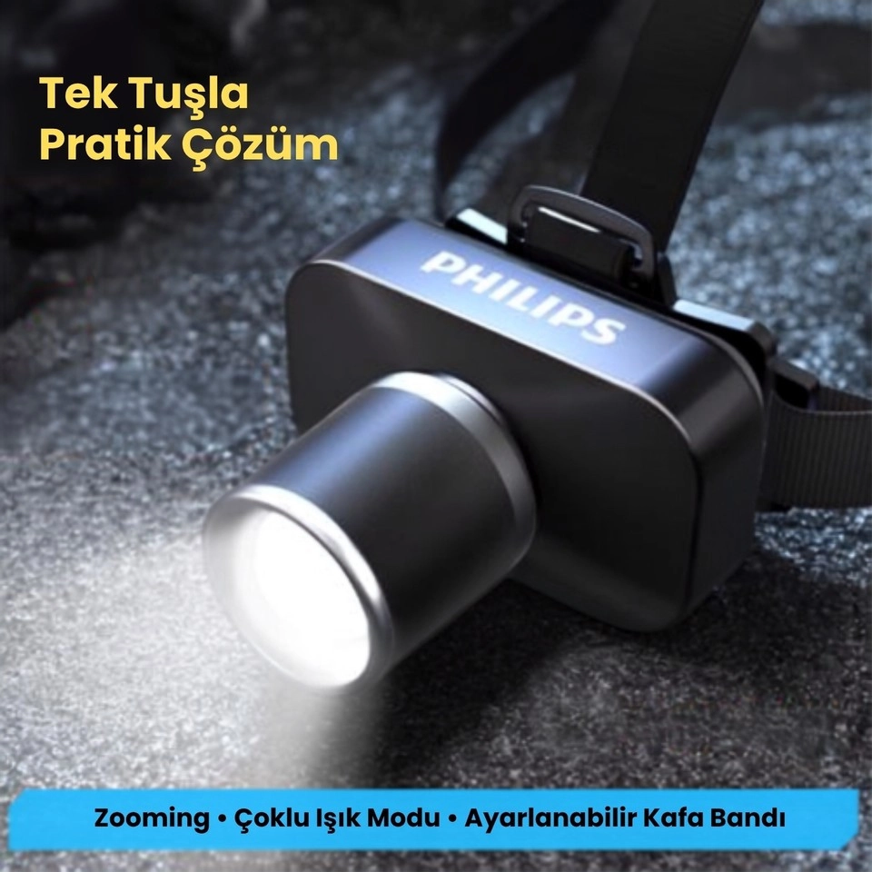 Philips SFL3347 Zooming Özellikli Max. 650 Lümen 15W LED Kafa Lambası Type-C Şarjlı IP44 Suya Dayanıklı Ayarlanabilir Kafa Feneri