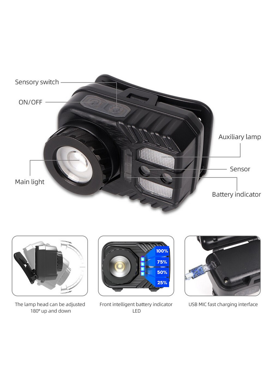 PeakStar PS-571 Sensörlü XPG COB LED USB Şarj Edilebilir Lityum Pilli Zoomlu Kafa Feneri