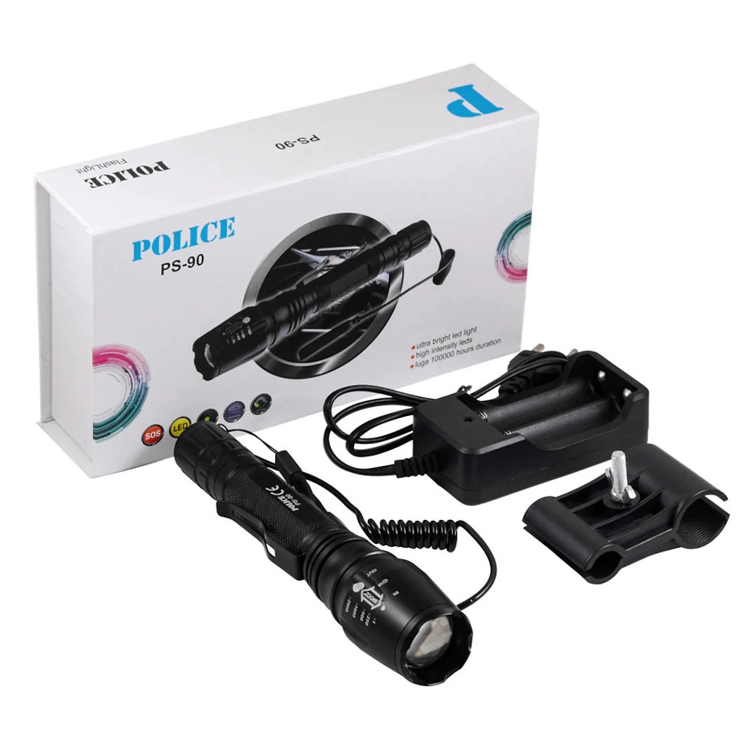 Police PS-90 CREE T6 LED Şarjlı Avcı El Feneri 300 Metre Menzilli Zoomlu Alüminyum Gövde