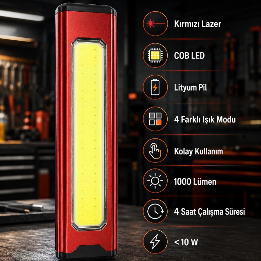 Powerdex PD-8989 Şarjlı COB LED Mıknatıslı Kırmızı Lazer Pointer Özellikli Tamirci Feneri Çalışma Lambası