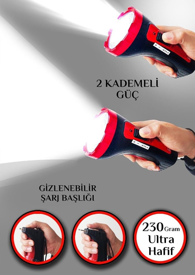 Şarjlı 10w Projektör Led El Feneri 2 Mod Aydınlatmalı Uzun Menzil Güvenlik Bekçi Polis Feneri Işıldak Kambur Fener