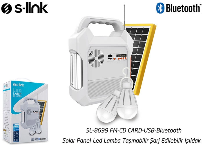S-Link SL-8699 FM-CD Card-USB-Bluetooth Solar Panel-Led Lamba Taşınabilir Şarj Edilebilir Işıldak