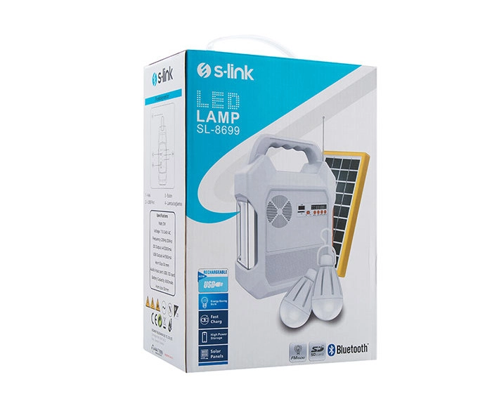 S-Link SL-8699 FM-CD Card-USB-Bluetooth Solar Panel-Led Lamba Taşınabilir Şarj Edilebilir Işıldak