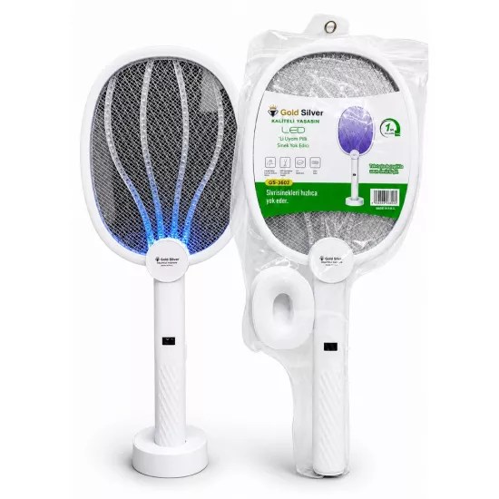 Gold Silver GS-3602 Şarjlı LED Sivrisinek Öldürücü Raket Standlı Çift Kullanımlı Lityum Pilli