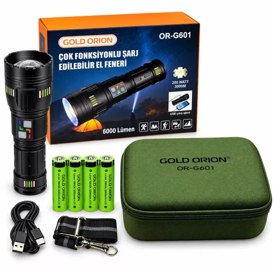 Gold Orion OR-G601 6000 Lümen Güçlü Lazer LED Powerbank Özellikli Şarjlı El Feneri