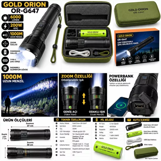 Gold Orion OR-G647 6000 Lümen Uzun Menzilli Zoomlu LED Şarjlı El Feneri