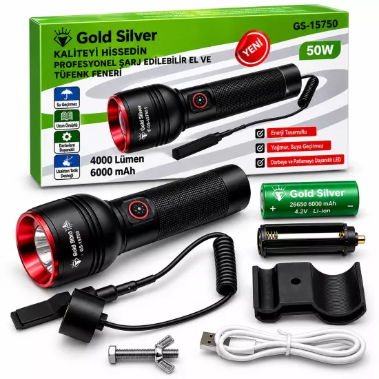 Gold Silver GS-15750 50W 4000 Lümen Şarjlı Zoomlu Taktik El ve Tüfek Feneri