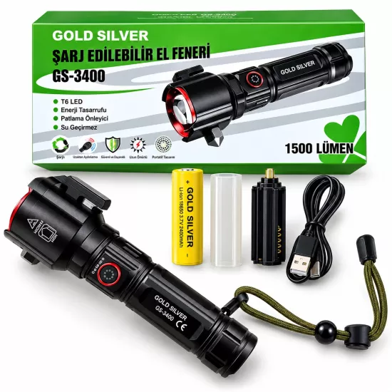 Gold Silver GS-3400 1500 Lümen Cam Kırma Aparatlı Zoomlu LED Şarj Edilebilir El Feneri