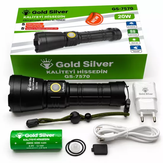 Gold Silver GS-7570 20 Watt 1200 Lümen Süper LED Zoomlu Profesyonel Şarjlı El Feneri