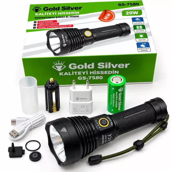 Gold Silver GS-7580 20 Watt 1200 Lümen Süper LED Profesyonel Şarjlı El Feneri