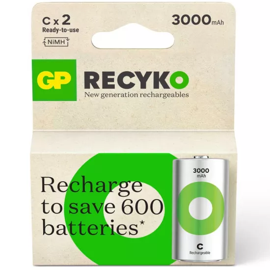 GP Recyko 3000mAh C Orta Boy Şarj Edilebilir Pil 2’li Paket