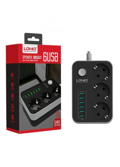 Ldnio SE3631 3.4A Auto 6 Port USB Girişli 3’lü Akım Korumalı Priz