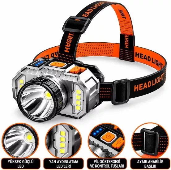 PeakStar PS-010 800 Lümen Zoomlu Şarj Göstergeli Cob LED Usb’li Şarjlı Kafa Feneri