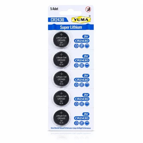Yuma CR2430 Süper Lityum 3V 5’li Kart Düğme Pil