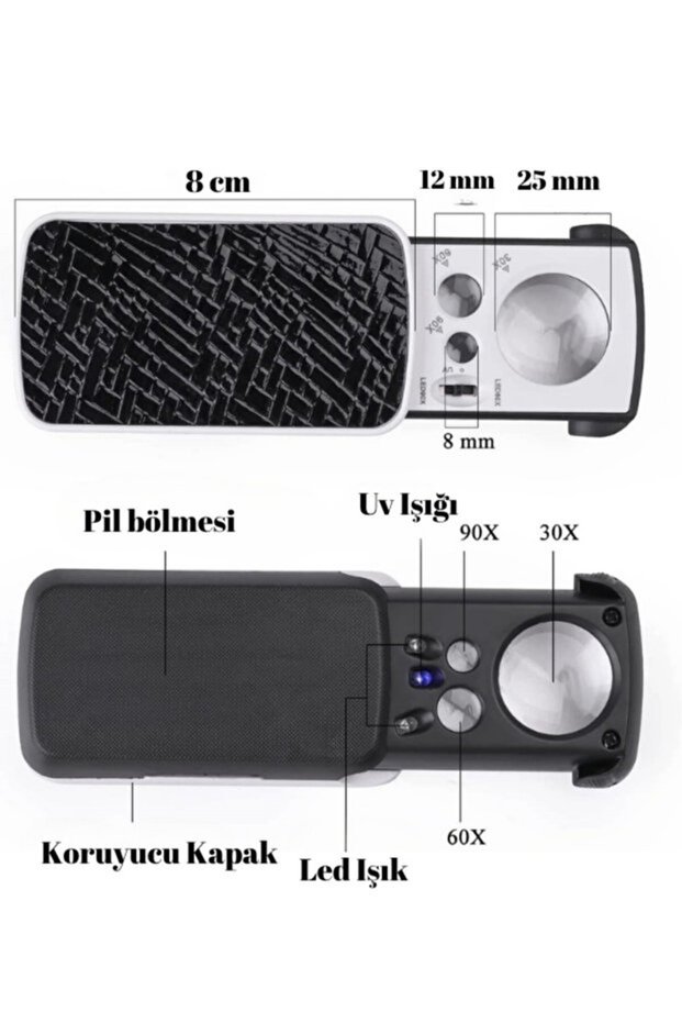 TH-774 Üç Mercekli Işıklı Büyüteç – 30X 60X 90X Zoom, UV ve LED Işıklı