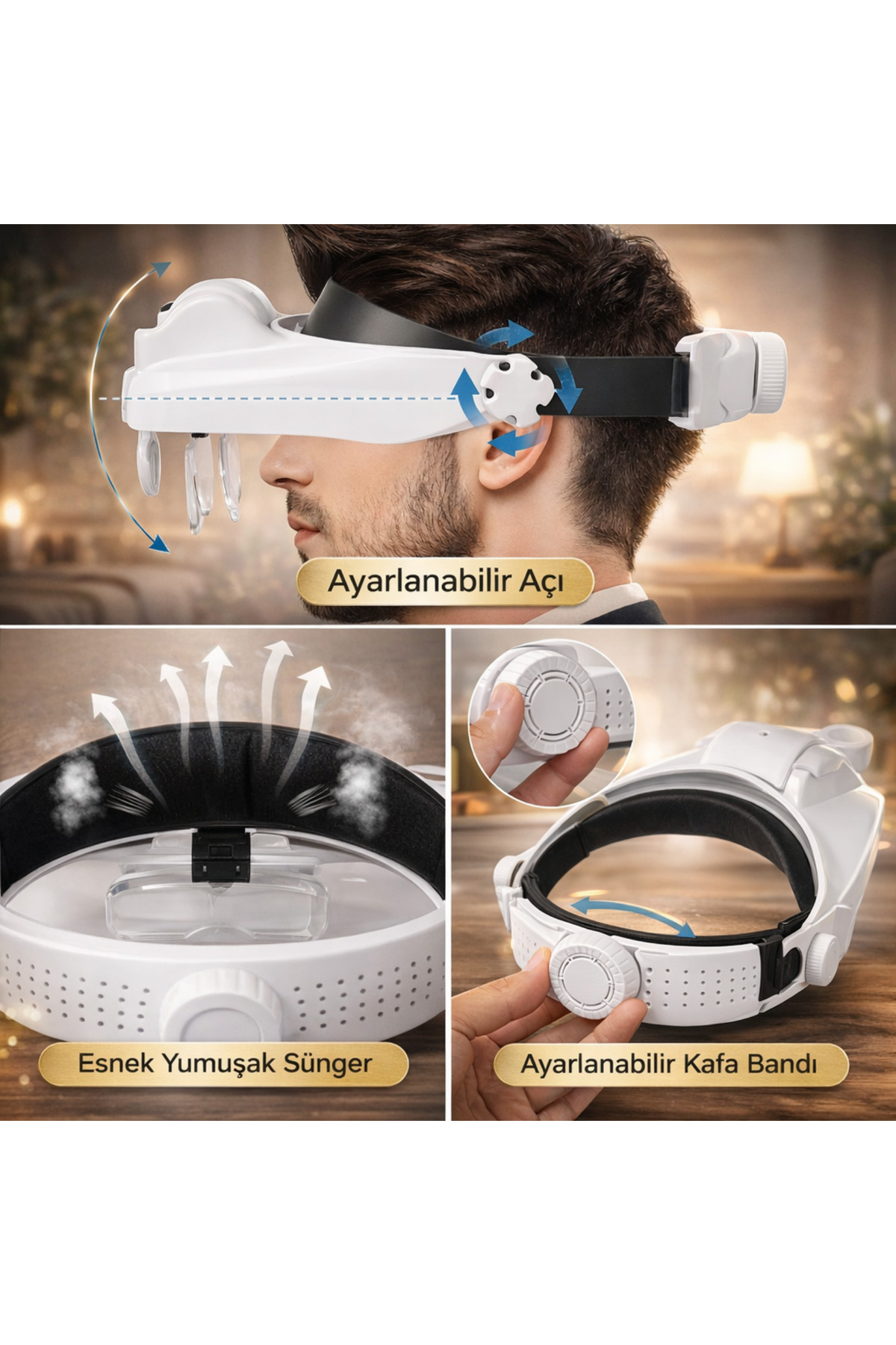 Kafa Bandı LED Işıklı Büyüteç Gözlük MG82000MC | Şarjlı, Ayarlanabilir, Çoklu Lens