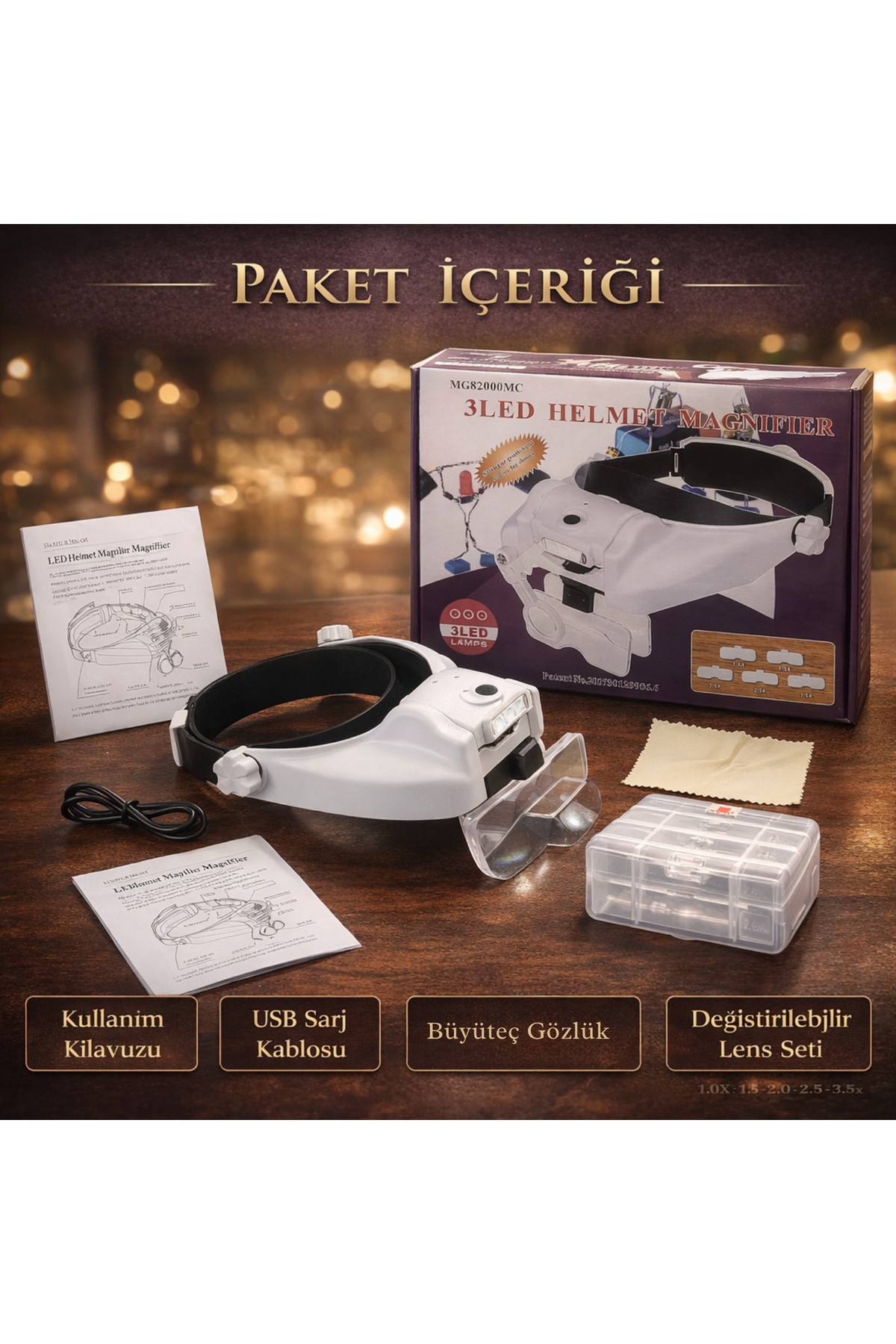 Kafa Bandı LED Işıklı Büyüteç Gözlük MG82000MC | Şarjlı, Ayarlanabilir, Çoklu Lens