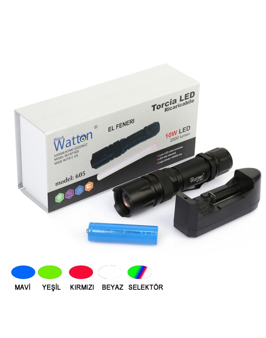 Watton WT-605 10Watt 2000 Lümen 4 Renk Aydınlatmalı Şarjlı El Feneri