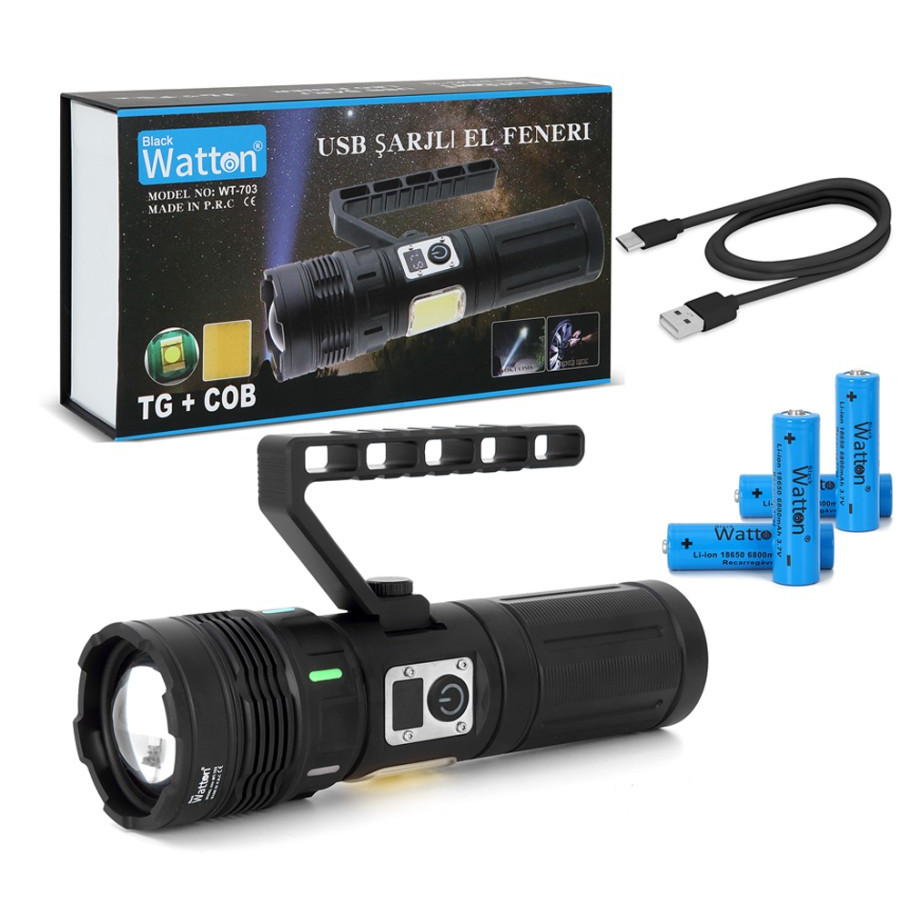 Watton WT-703 15.000 Lümen TG+COB LED Şarjlı El Feneri