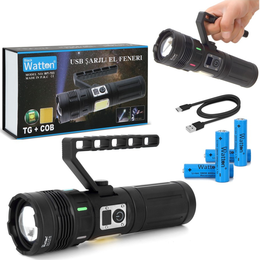 Watton WT-703 15.000 Lümen TG+COB LED Şarjlı El Feneri