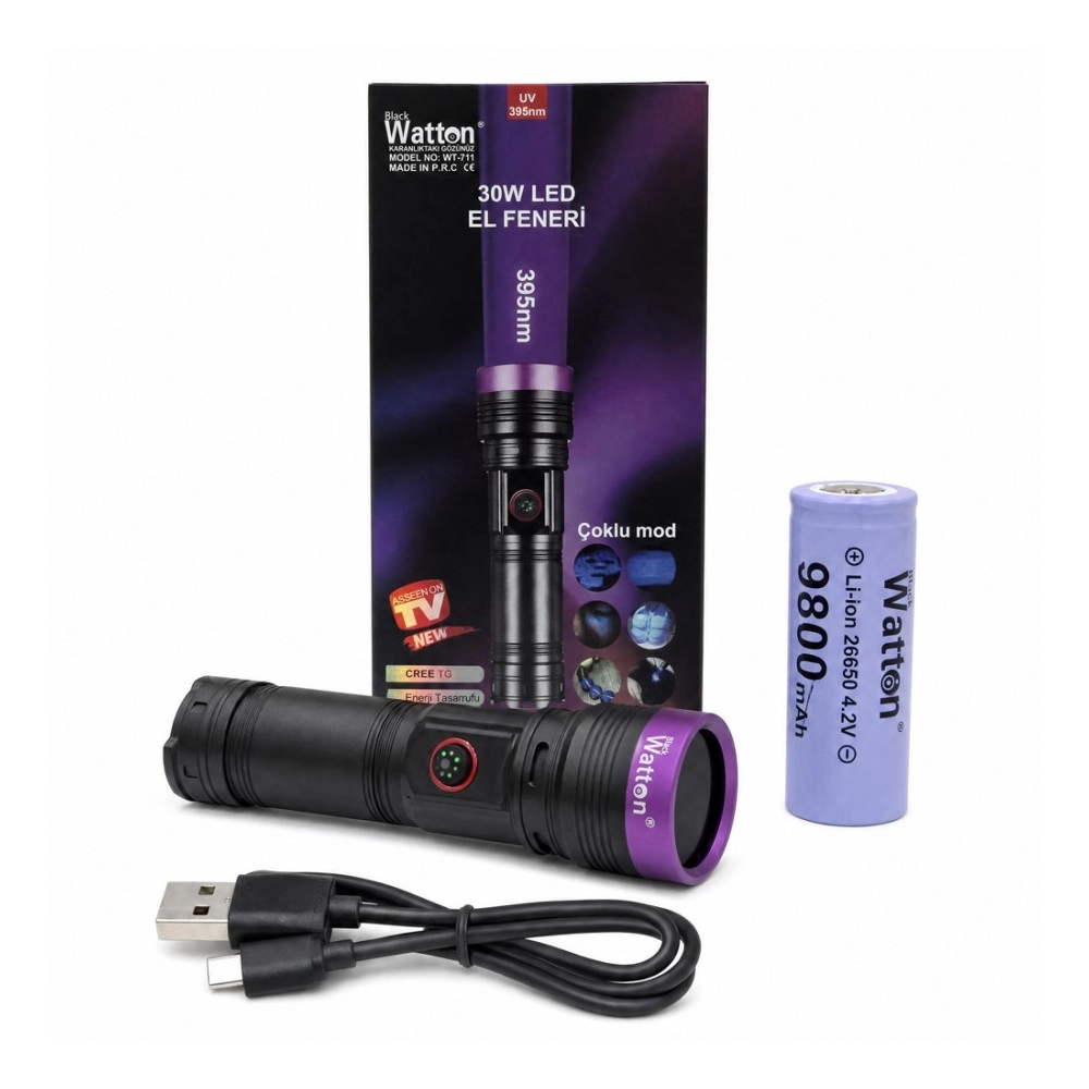Watton WT-711 30 Watt 395NM UV Ultraviole Şarjlı Mor Işıklı El Fener