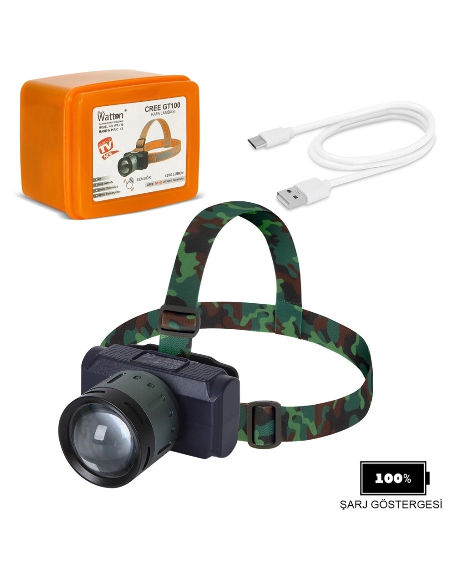 Watton WT-719 CREE GT100 LED Şarjlı Sensörlü Kafa Feneri 4200 Lümen