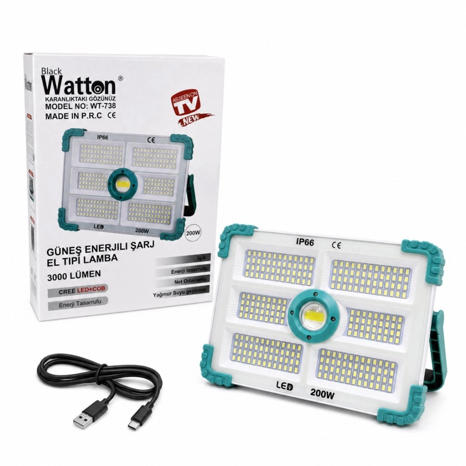 Watton WT-738 3.000 Lümen 200 Watt Güneş Enerjili Solar Lamba