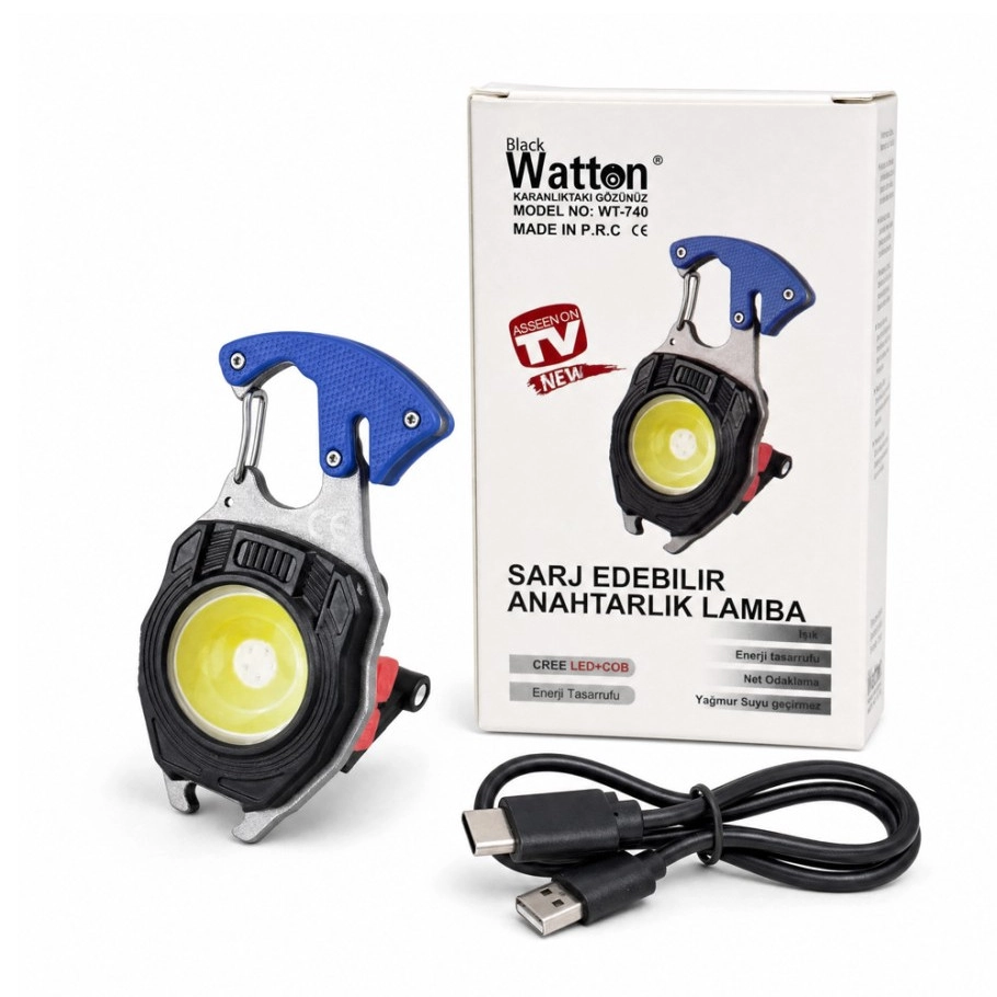 Watton WT-740 Fonksiyonlu Tornavida Düdük Şişe Açacağı Ateş Yakıcı Çakmak Mıknatıslı Type-C Şarjlı Anahtarlık Fener