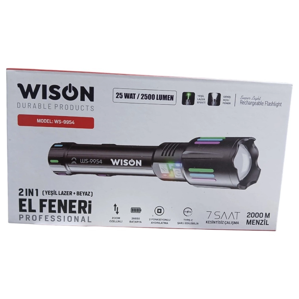 Wison WS-9954 25W  Zoomlu Yeşil Lazerli Metal Şarjlı El Feneri