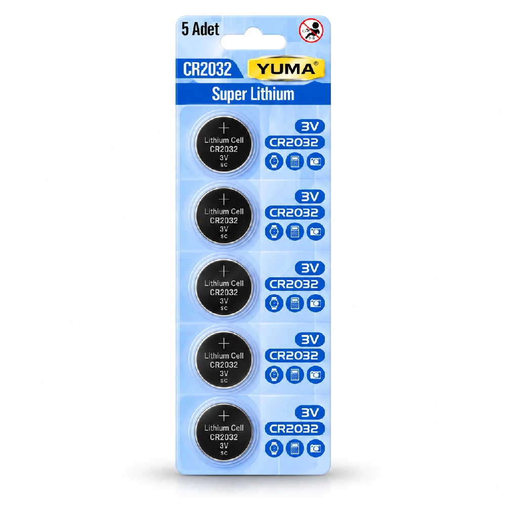 Yuma CR2032 Süper Lityum 3V 5’li Kart Düğme Pil