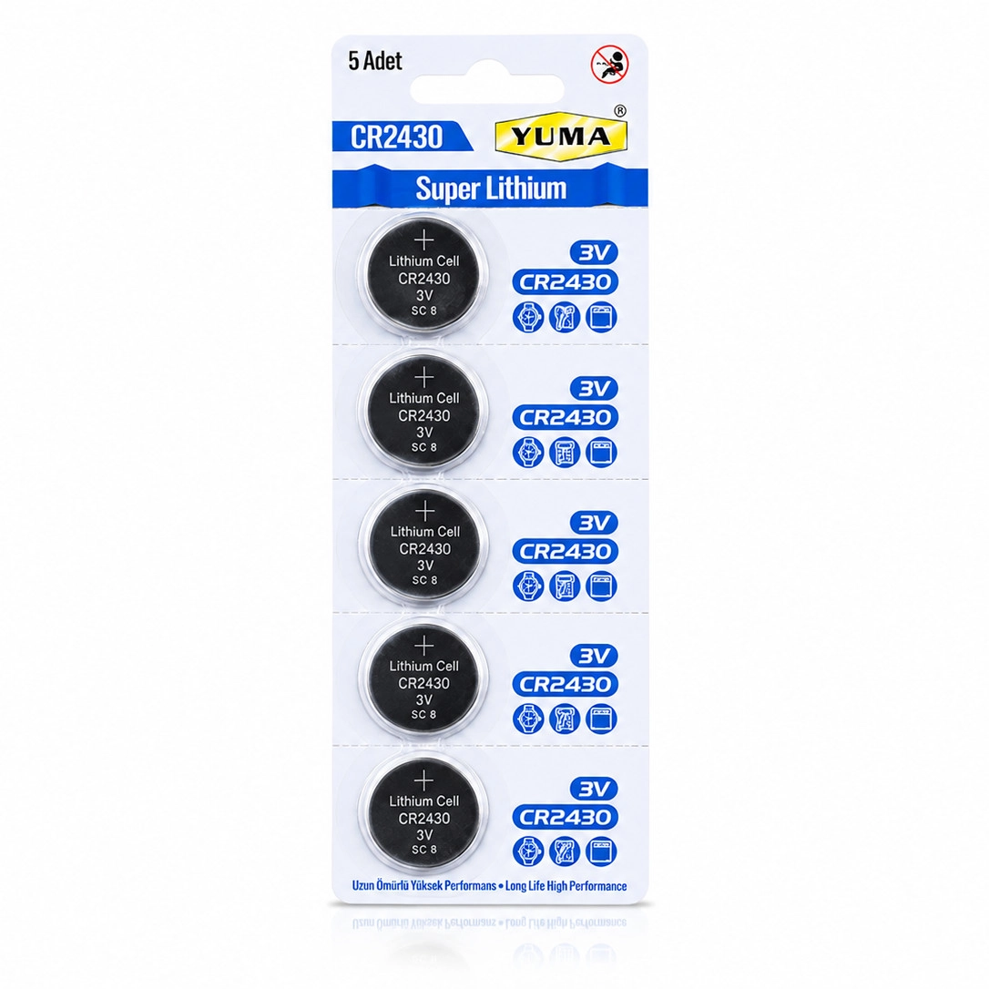 Yuma CR2430 Süper Lityum 3V 5’li Kart Düğme Pil